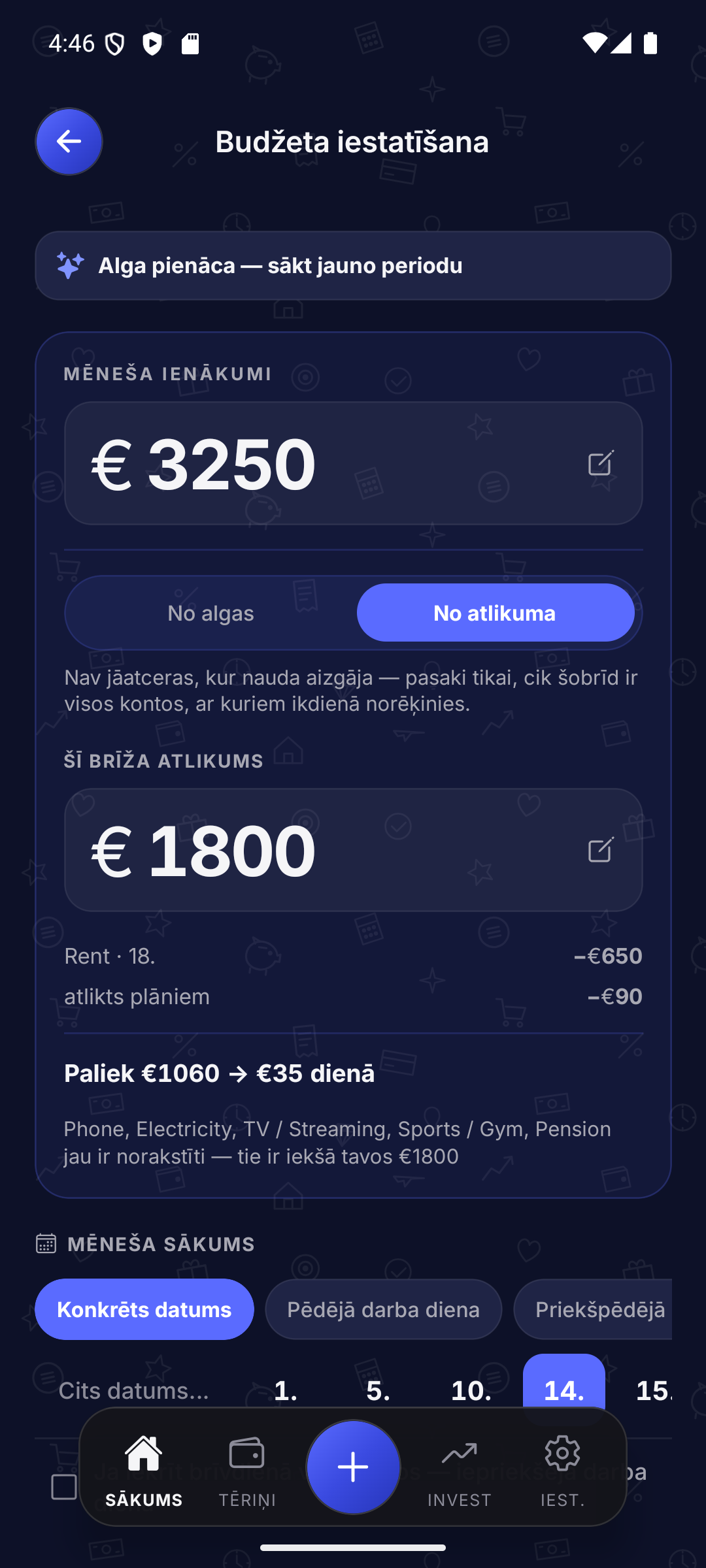 Ienākumi un sākuma atlikums budžeta iestatīšanā