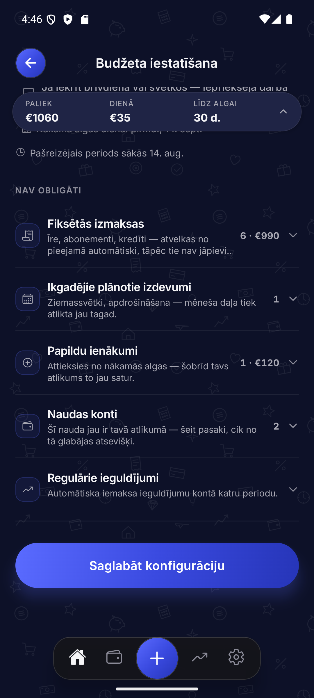 Budžeta iestatīšanas sadaļas