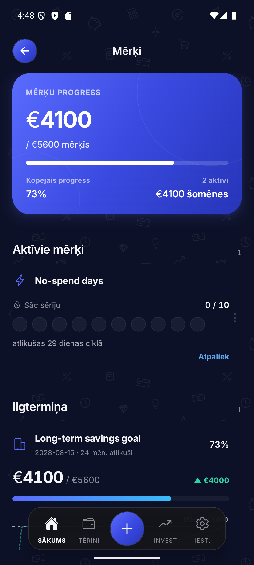 Mērķu ekrāns ar kopējo progresu
