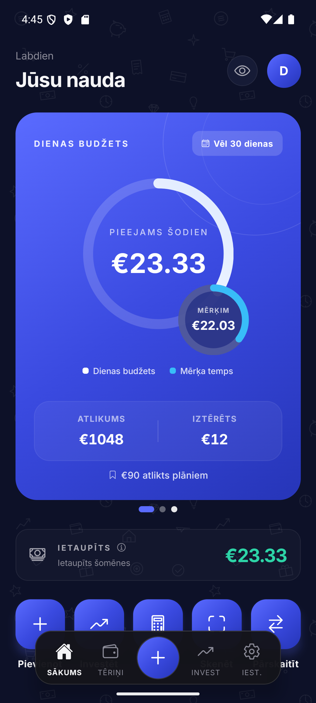 Sākuma ekrāna dienas budžeta aplis