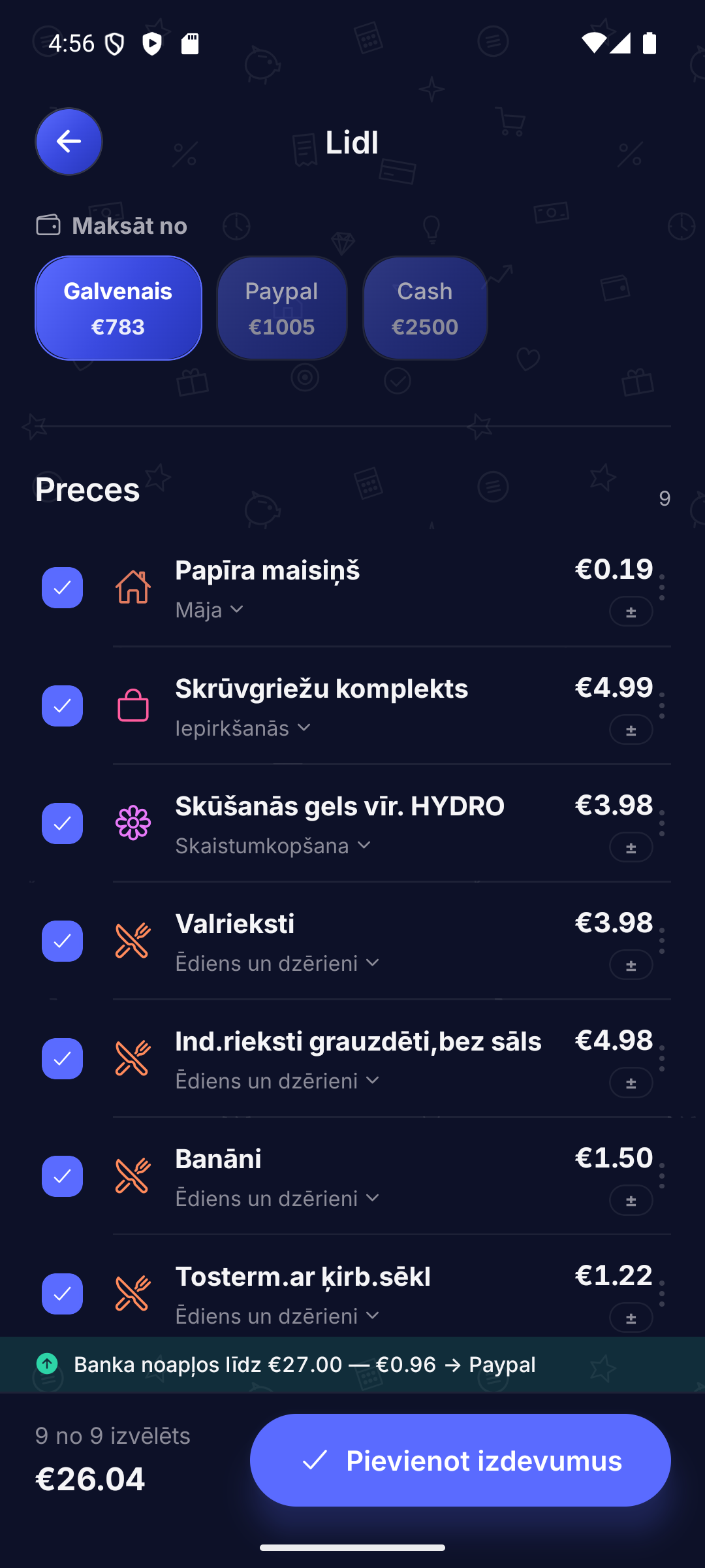 Nolasītās pozīcijas ar kategorijām
