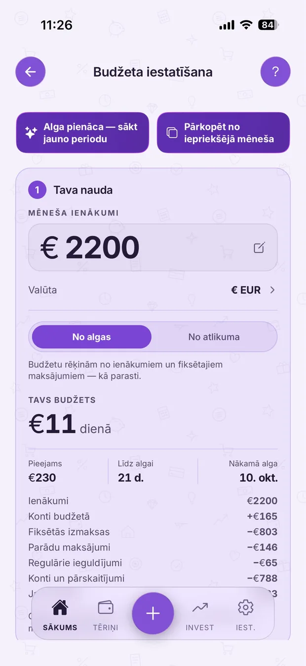 Alga, fiksētie maksājumi, brīvā nauda — viens skaidrs plāns.