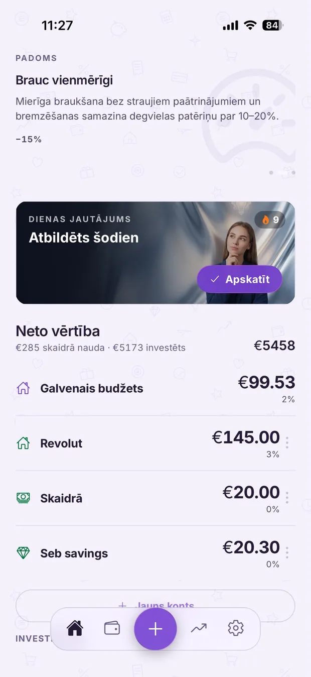 Neto vērtība, konti un investīcijas vienuviet.